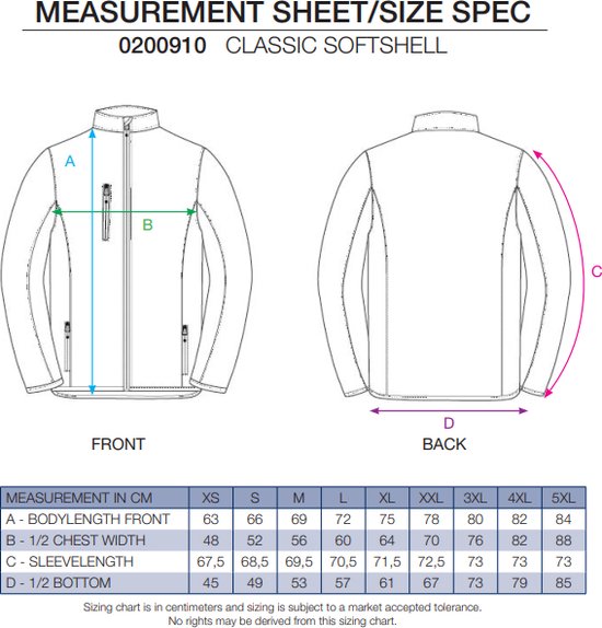 Maattabel voor een klassieke softshell jas met afmetingen.