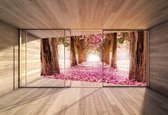Fotobehang Window Flowers Cherry Blossoms Forest | XXL - 312cm x 219cm | 130g/m2 Vlies