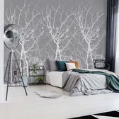 Fotobehang Silhouette Tree And Birds Grey And White | VEL - 152.5cm x 104cm | 130gr/m2 Vlies