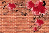 Papier Peint Roses Fleurs Abstrait Mur de Briques | XXL - 312 cm x 219 cm | Polaire 130g / m2
