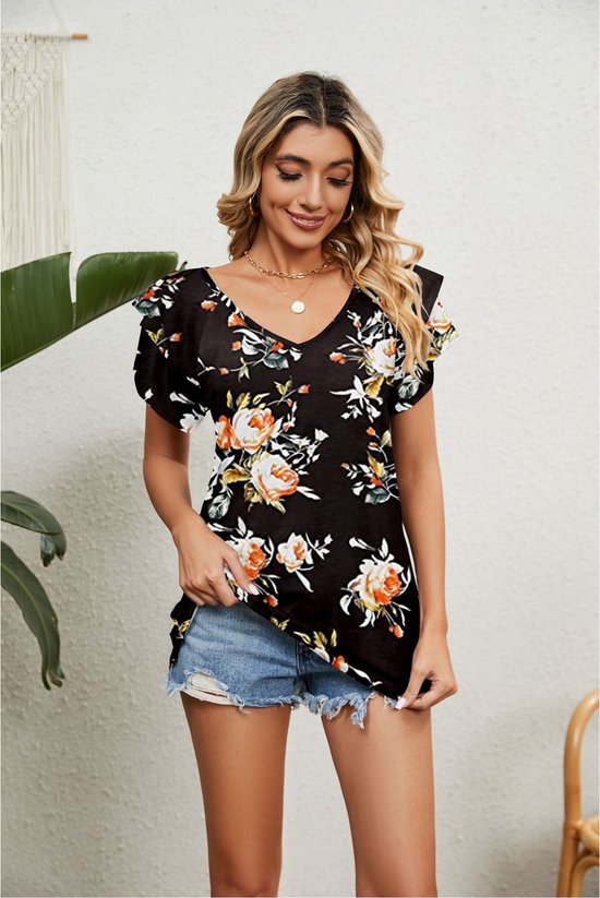 Blouse femme à col en V et manches courtes papillon, noire avec un imprimé floral de fleurs oranges et blanches.
