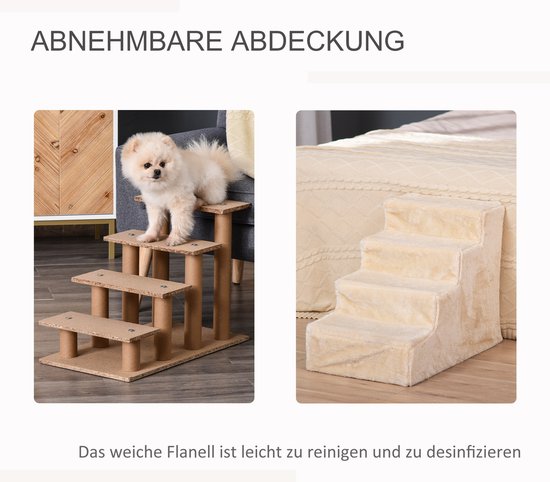 PawHut huisdierentrap met krabpaal bal kattentrap met 4 treden hondentrap dierentrap spaanplaat pluche jute wit 60 x 40 x 64 cm