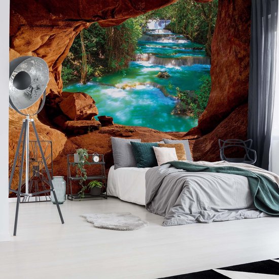 312cm X 219cm - Fotobehang - Bomen n de mst, Bos, groen/grjs, Vnyl