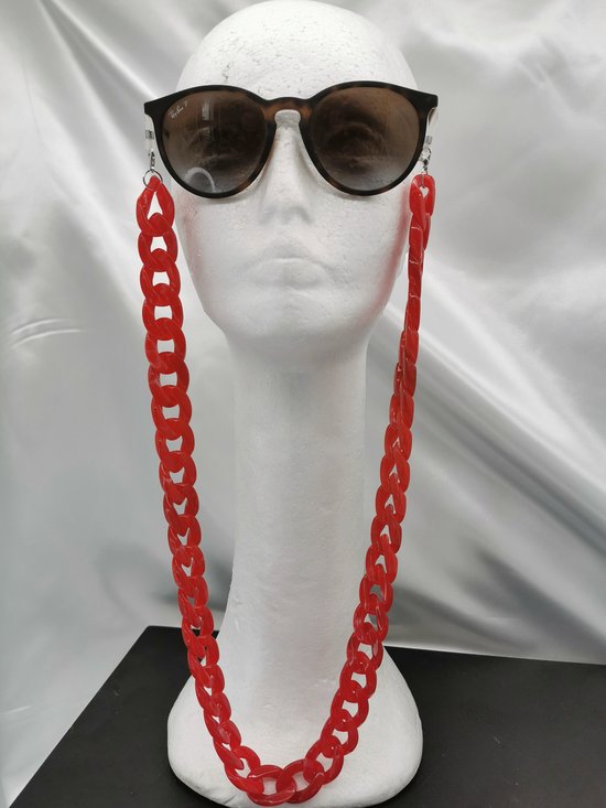 Trendy – 2 in 1 - Zonnebril / Ketting - Brillenkoord - vintage - Acryl schakelketting - 70 cm – gemêleerd rood