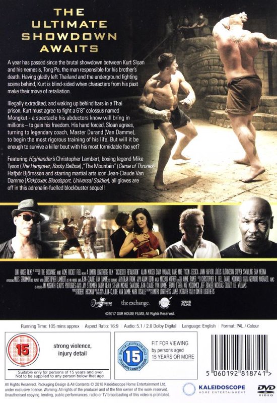 Achterkant filmcover Kickboxer: Retaliation met acteurs Alain Moussi, Christopher Lambert en Jean-Claude Van Damme. Met informatie over de film en beoordelingen.