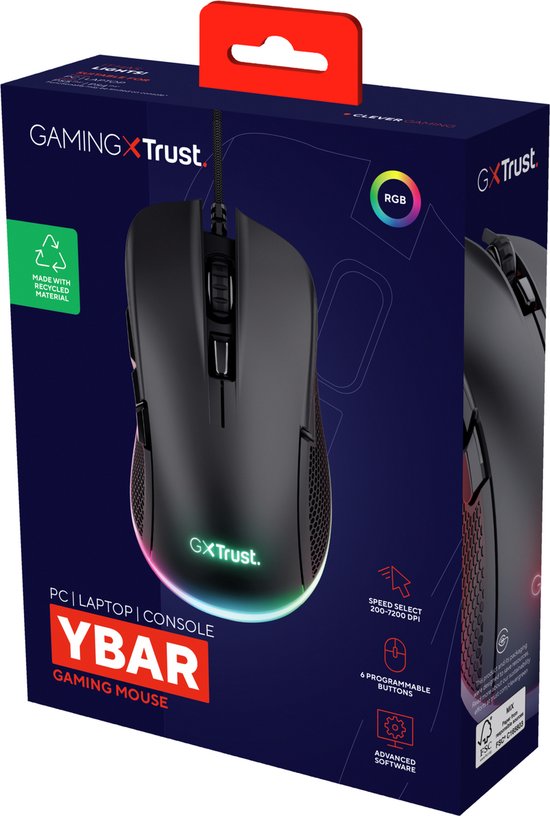Trust GXT 922 Ybar - Gaming Muis - Bedraad - 7200 DPI - RGB Verlichting - Zwart