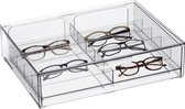 Opbergdoos voor brillen, brillenhouder van kunststof, met 2 laden met 10 vakken, brillenhouder voor brillen, zonnebrillen en leesbrillen, wit en doorzichtig