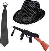 Gangster/maffia/roaring Twenties verkleed set - gleufhoed met krijtstreep zwart - stropdas en machinegeweer