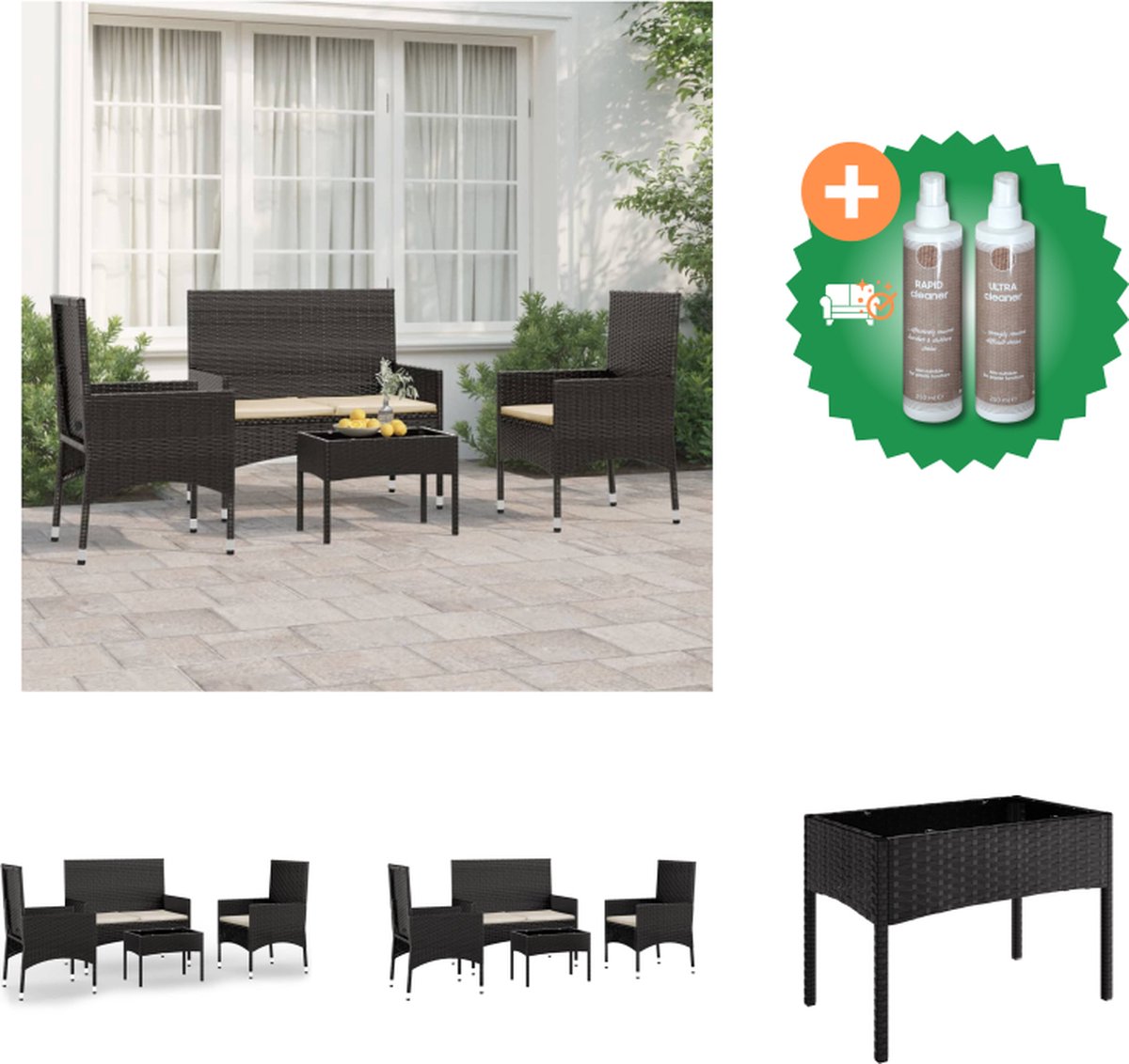 VidaXL Loungeset 2 x Stoel 1 x Tweezitsbank 1 x Tafel Zwart PE-rattan en gepoedercoat staal 150 x 85 x 51 cm (B x D x H) Tuinset Inclusief Onderhoudsset
