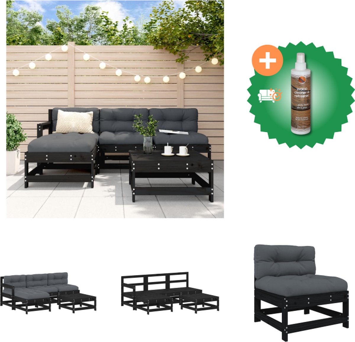 VidaXL Loungeset Zwart Grenenhout Modulair ontwerp 2x middenbank 1x tuinstoel 2x voetenbank salontafel Inclusief 5x zitkussen 3x rugkussen Tuinset Inclusief Houtreiniger en verfrisser