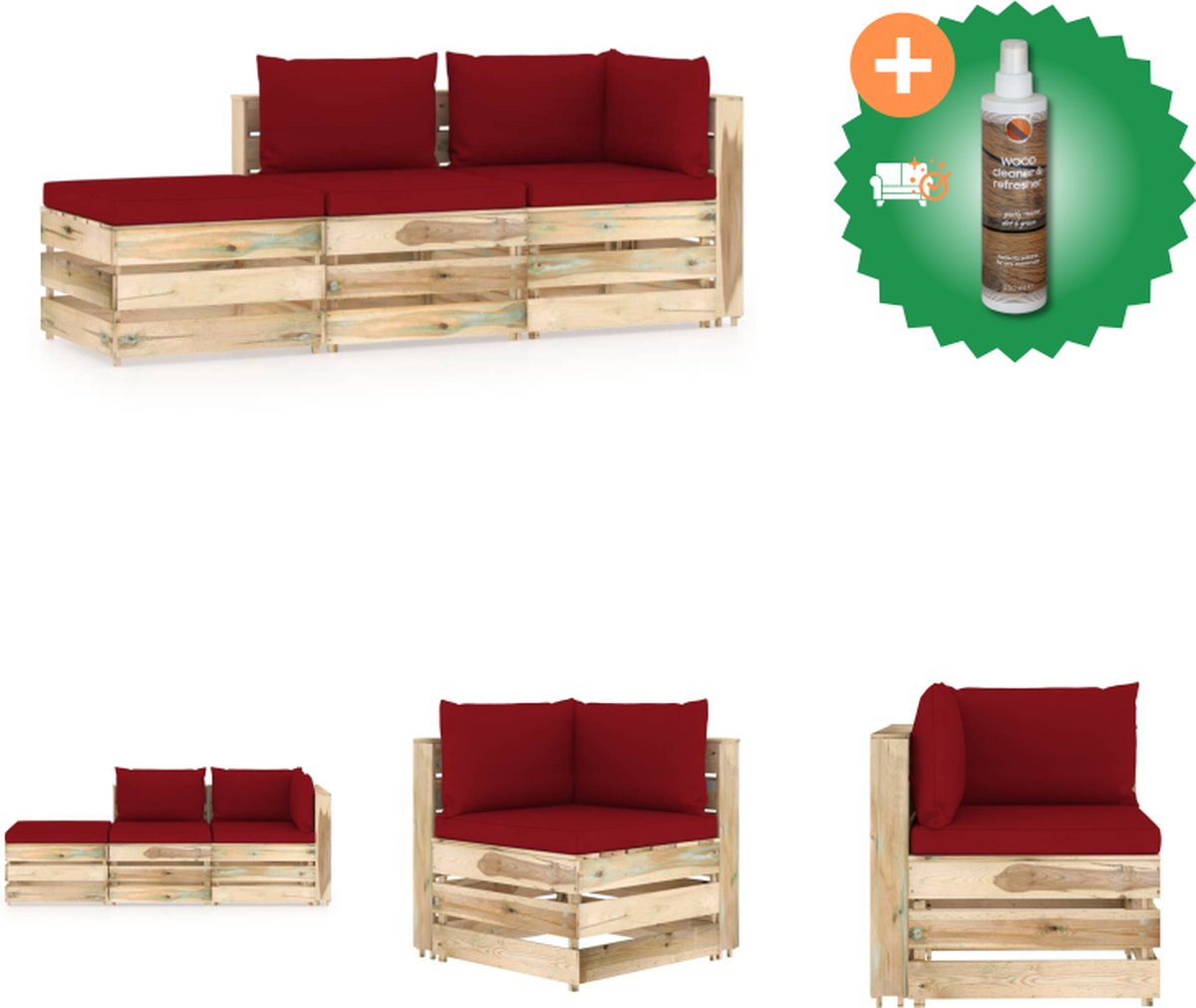 VidaXL Pallet Loungeset Hoekbank Middenbank Tafel Voetenbank 69 x 70 x 66 cm Grenenhout Wijnrood Tuinset Inclusief Houtreiniger en verfrisser