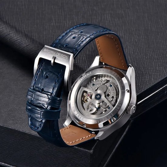Montre Pilote Seestern Automatique – Boîtier Acier 38mm, Cadran Full Lume, Bracelet Cuir Noir