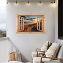 Tuinposter met houten raam, strand met duinen bij zonsondergang, boven een bankje op een balkon.