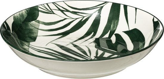 Bol à soupe blanc avec des feuilles de palmier vertes et un bord noir.