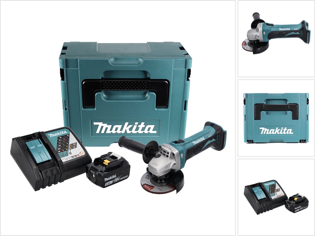 Makita DGA 452 RT1J accu haakse slijper 18 V 115 mm + 1x accu 5,0 Ah + oplader + Makpac