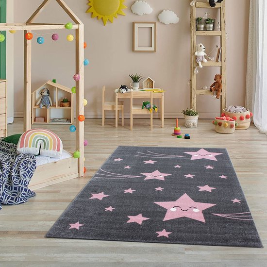 Tapis Kids Flycarpets - Chambre d'enfant rose étoiles - 120x170 cm