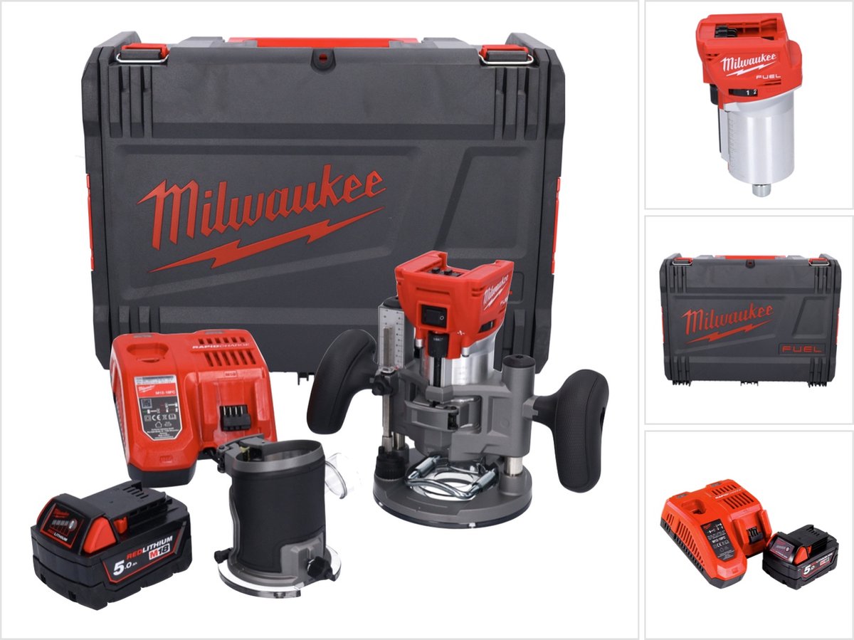 Milwaukee M18 FTR-501X accu bovenfrees 18 V borstelloos + 1x accu 5.0 Ah + lader + bovenfreesmodules + HD doos