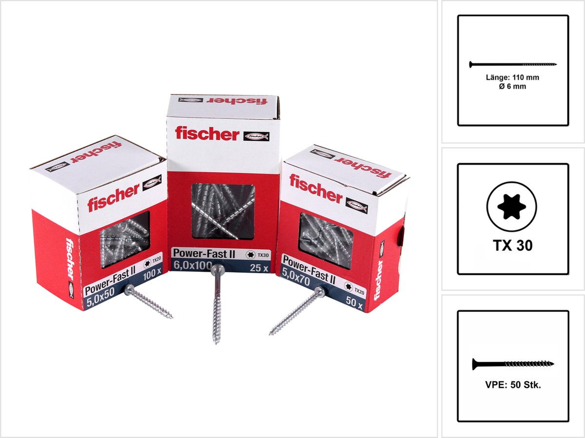 Fischer 50x Power-Fast II FPF II CTP 6 x 110 mm BC schroef met verzonken kop, binnenster TX30, deel draad, galvanisch verzinkt, blauw gepassiveerd - 670689