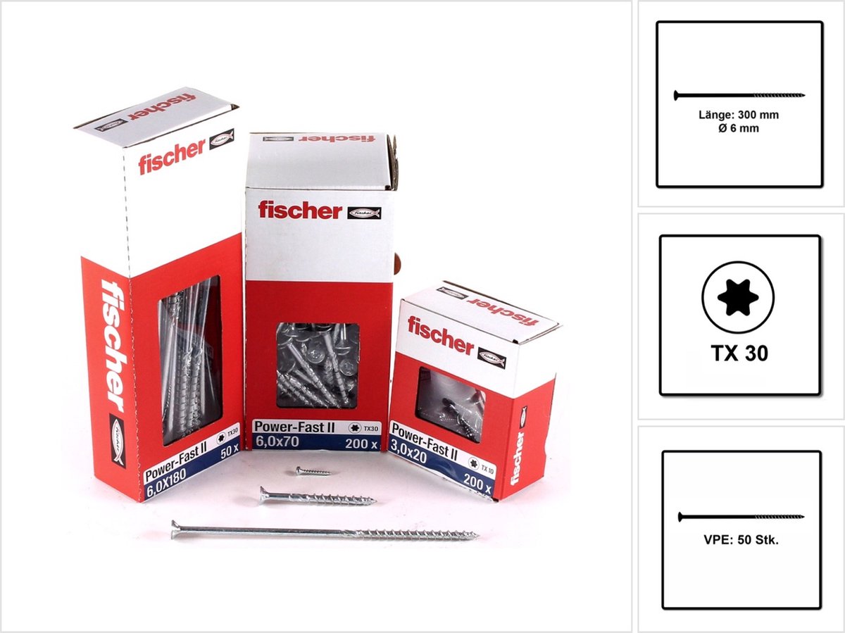 Fischer 50x Power-Fast II FPF II CTP 6 x 300 mm BC verzonkenkop met binnenzeskant TX30 deeldraad galvanisch verzinkt blauw gepassiveerd - 670475