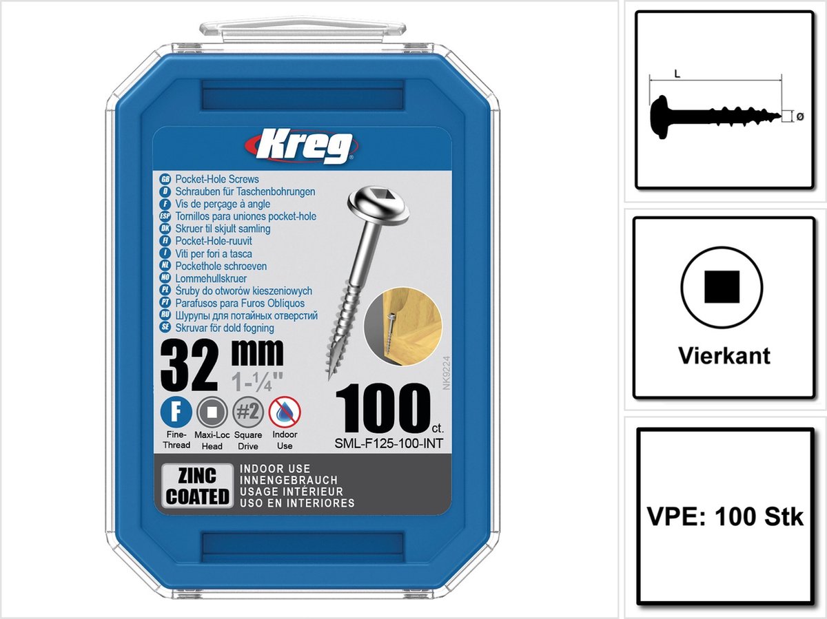 KREG Pocket-Hole cilinderkopschroef 32 mm 100 st ( SML-F125-100 ) Vierkantaandrijving Gedeeltelijke draad Fijne draad Zelftappend verzinkt