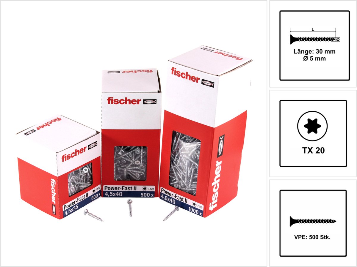 Fischer 500x Power-Fast II FPF II CTF 5 x 30 mm BC verzonken kop met binnenster TX20 volledig schroefdraad gegalvaniseerd blauw gepassiveerd - 670351