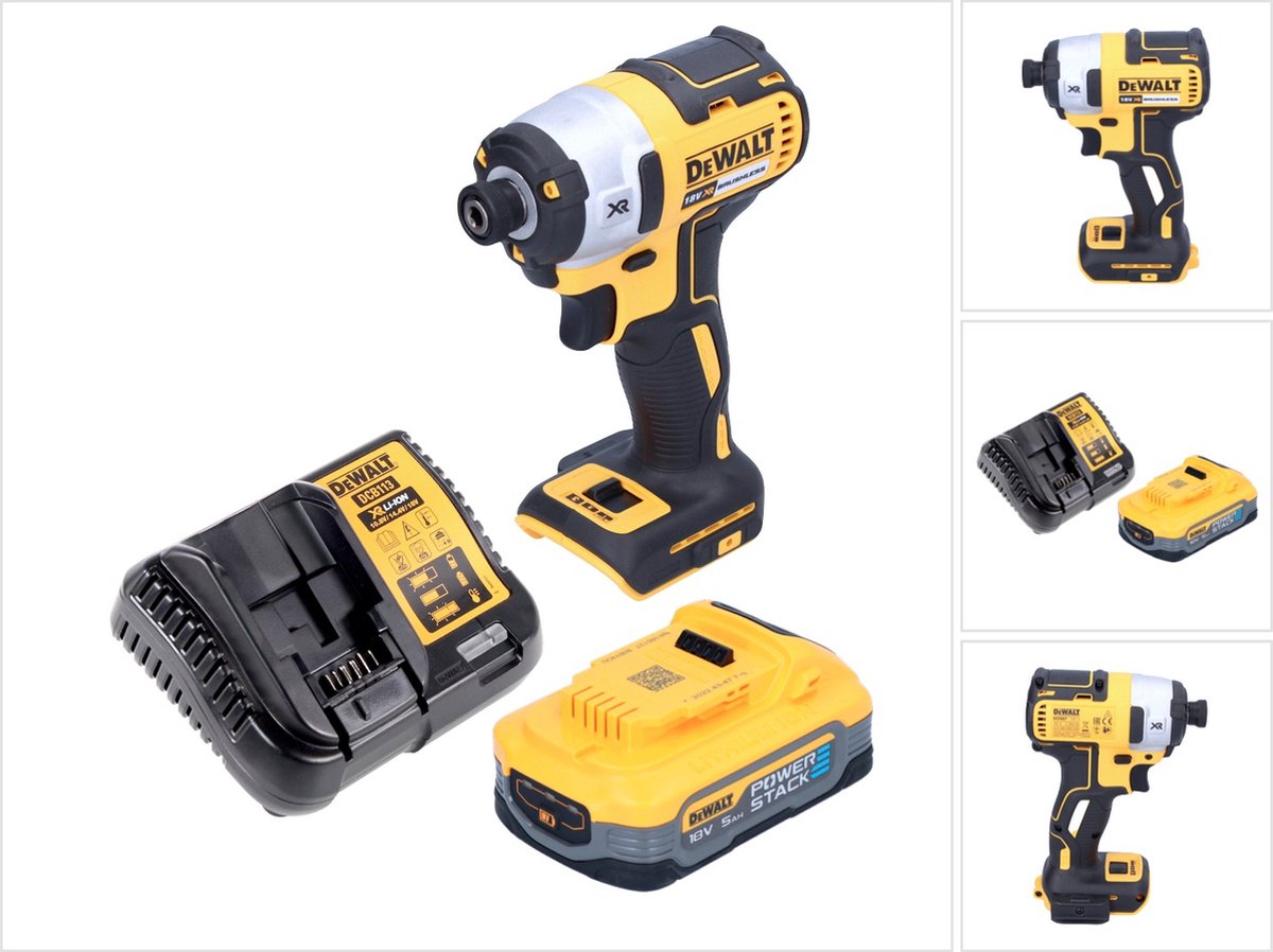 DeWalt DCF 887 H1 accu slagmoersleutel 18 V 205 Nm 1/4" borstelloos + 1x accu powerstack 5.0 Ah + lader