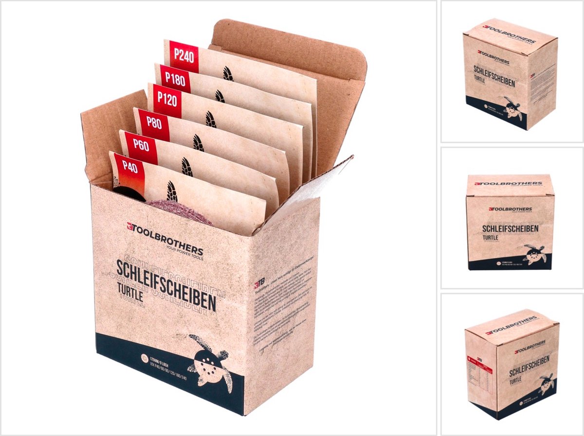 Toolbrothers TURTLE schuurset 125 mm klittenband 8 gaten per 10x P40 / P60 / P80 / P120 / P180 / P240 voor hardhout, zacht hout, lak, steen, staal, aluminium, fineer