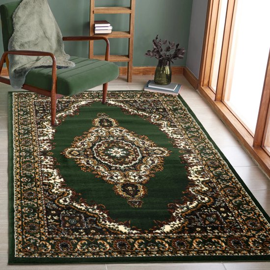 Flycarpets Tapis Vert Classique Skazar - Motif Oriental - Tapis Persan - Salon - 80x150 cm