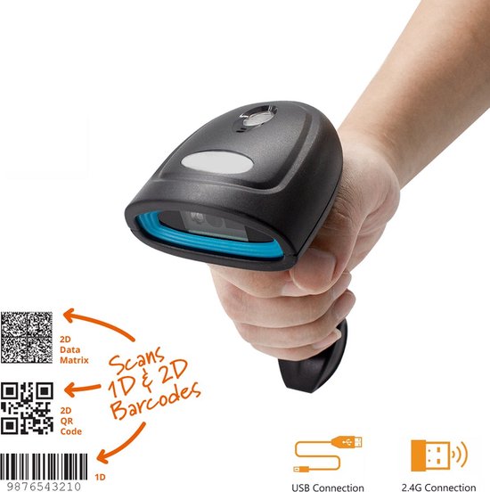 Draadloze USB Barcode Scanner en QR code Scanner | Draadloos | Universeel | Handscanner | 1D en 2D Lezer| Zwart
