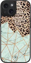 Casimoda® hoesje - Geschikt voor iPhone 15 - Luipaard Marmer Mint - Luxe Hard Case Zwart - Backcover telefoonhoesje - Mint