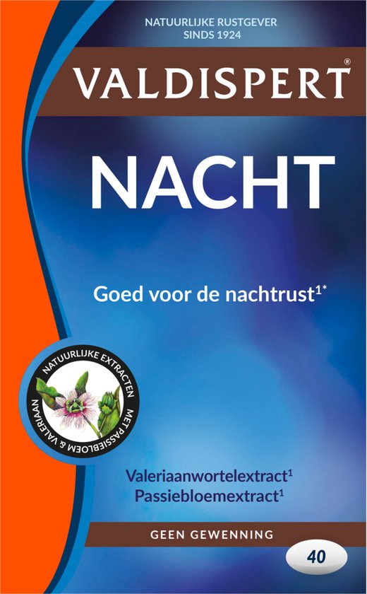 Doosje Valdispert Nacht met valeriaanwortel en passiebloemextract, voor een goede nachtrust.