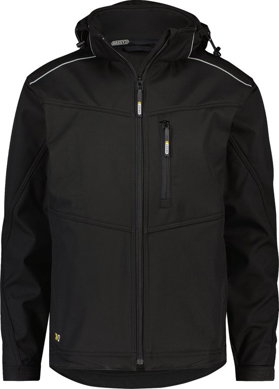 Zwarte DASSY softshell jas met capuchon, ritssluiting en reflecterende details.