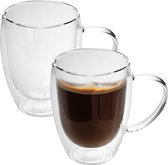 Intirilife 2x dubbelwandig thermo glas set in 300 - 400ml - koffiemok thermo glas thermo glazen mondgeblazen geïsoleerd latte macchiato thee glas koffie glas met handvat