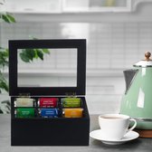 boîte à thé, 6 compartiments, bambou, HxLxP : 9x21,5x16 cm, pour dosettes de thé et café, boîte à thé, avec couvercle contre la poussière, noir