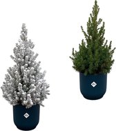 Kerstboom + Kerstboom met sneeuw inclusief elho Vibes Fold Round blauw - Potmaat 22cm - Hoogte 60cm