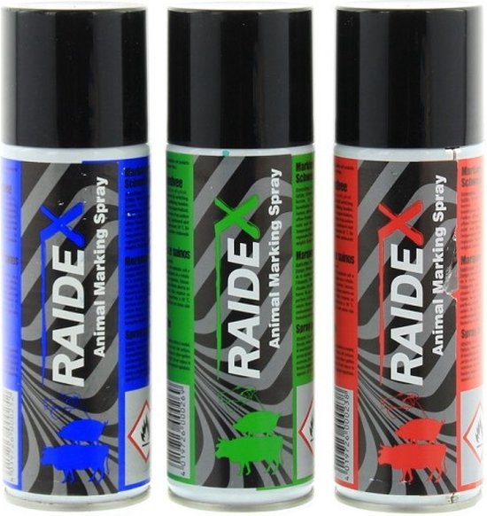 Drie spuitbussen van Raidex Animal Marking Spray: blauw, groen en rood, op een witte achtergrond. De bussen hebben een gestreept patroon.