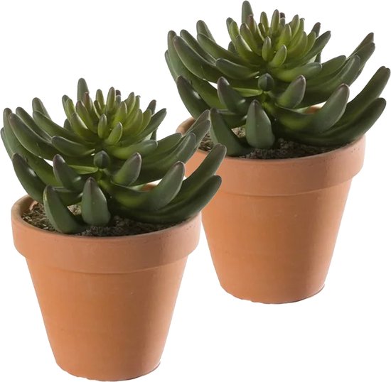 Kunstplant Sedum Rupestre - 2x - groen - in terracotta pot - 14 cm
