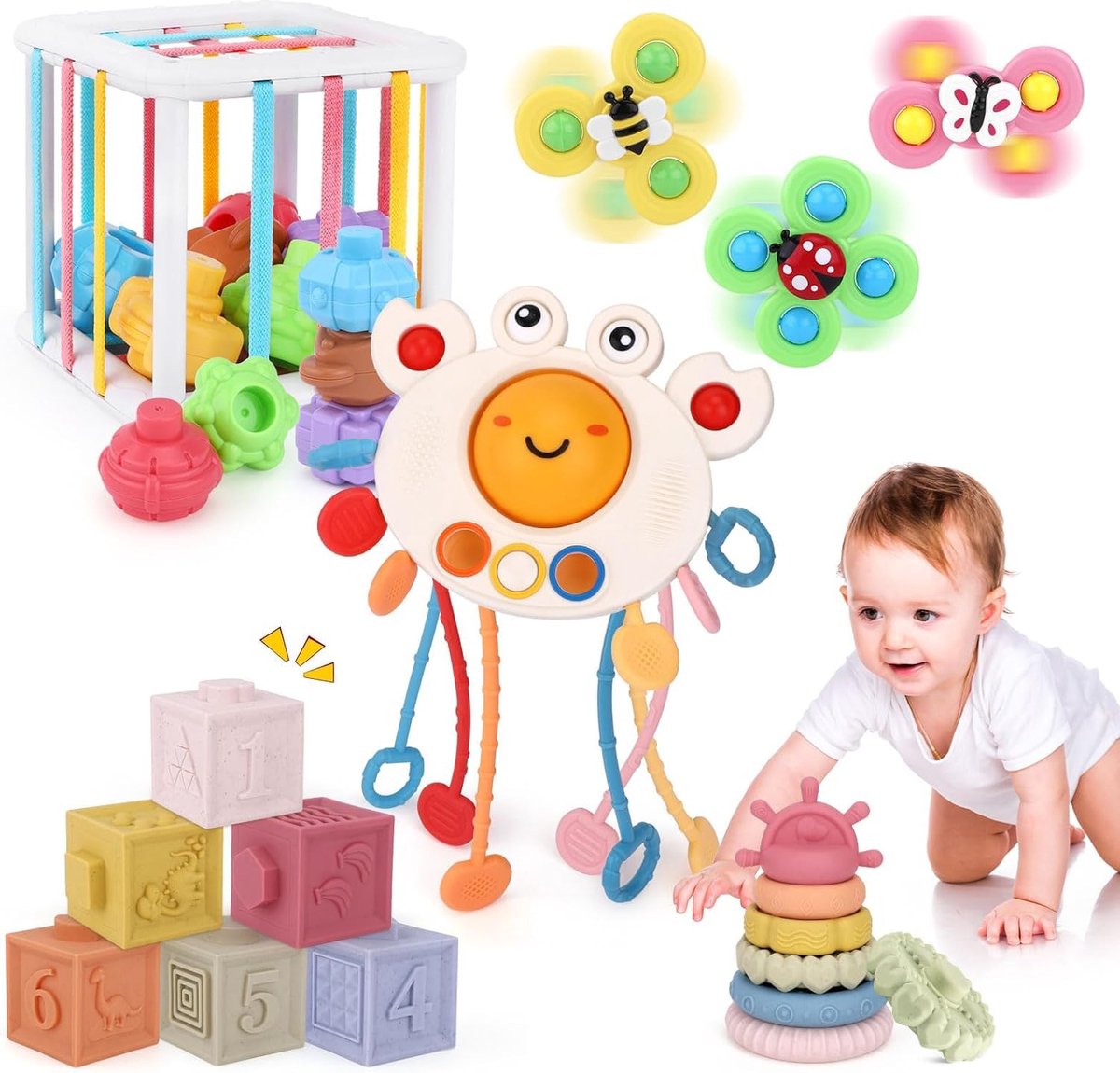 Montessori Babyspeelgoed sensorisch speelgoed 5-in-1 inclusief spinners voor baby's vormsorteerder trekkoord activiteitsspeelgoed stapelblokken stapelspeelgoed Montessori-speelgoed