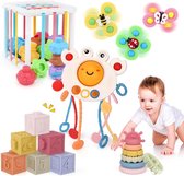 Montessori Babyspeelgoed, sensorisch speelgoed, 5-in-1, inclusief spinners voor baby's, vormsorteerder, trekkoord, activiteitsspeelgoed, stapelblokken, stapelspeelgoed, Montessori-speelgoed