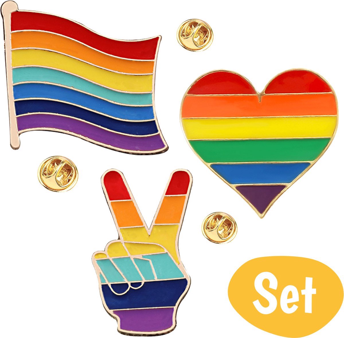 *** 3-delige Pride Brocheset - Regenboogkleuren - LGBTQ - Met Pin Speld - van Heble® ***