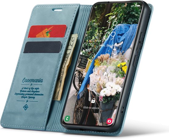 Aqua blauwe portemonnee-telefoonhoes geopend, met kaarten, geld en 'Casemania' logo.