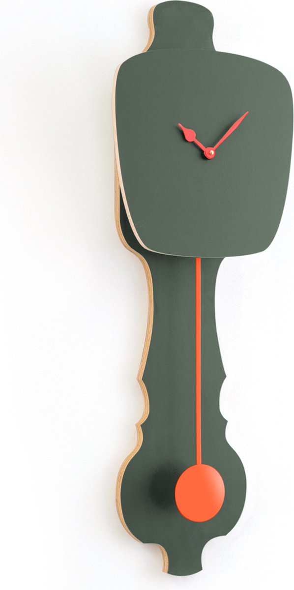 KLOQ - Wandklok met Pendule - Batterijen Inbegrepen - Wanddecoratie - Quartz Beweging - Niet-Tikkend Batterij Aangedreven - Mist Groen (SE) & Neon Oranje - Groot