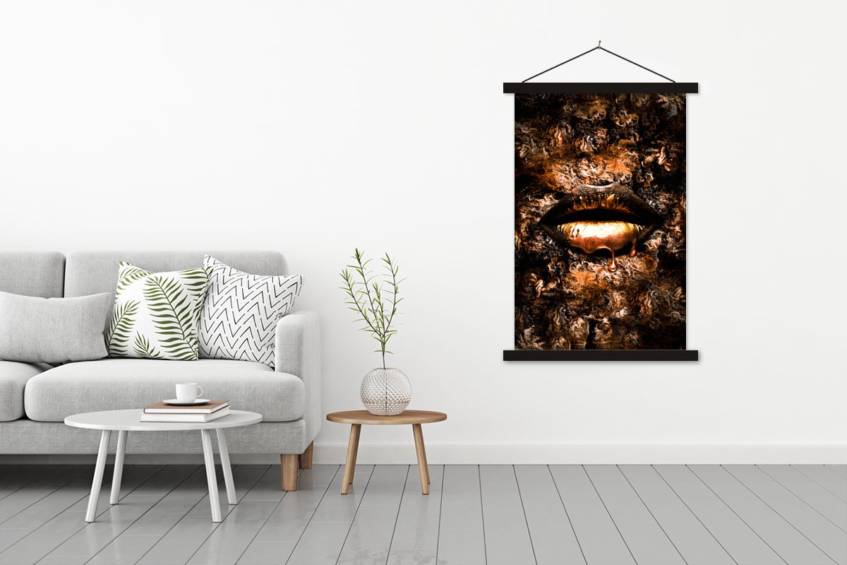 Posterhanger incl. Poster 120x180 cm - Schoolplaat - Vrouw - Verf - Lippen - Textielposter