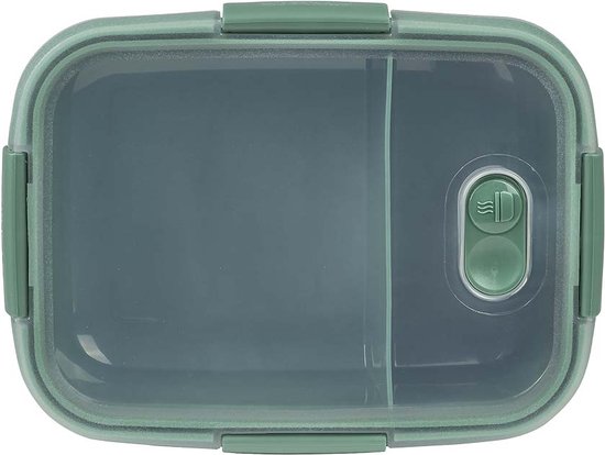 Vue de dessus d'une boîte à lunch verte avec couvercle transparent divisé et valve verte.