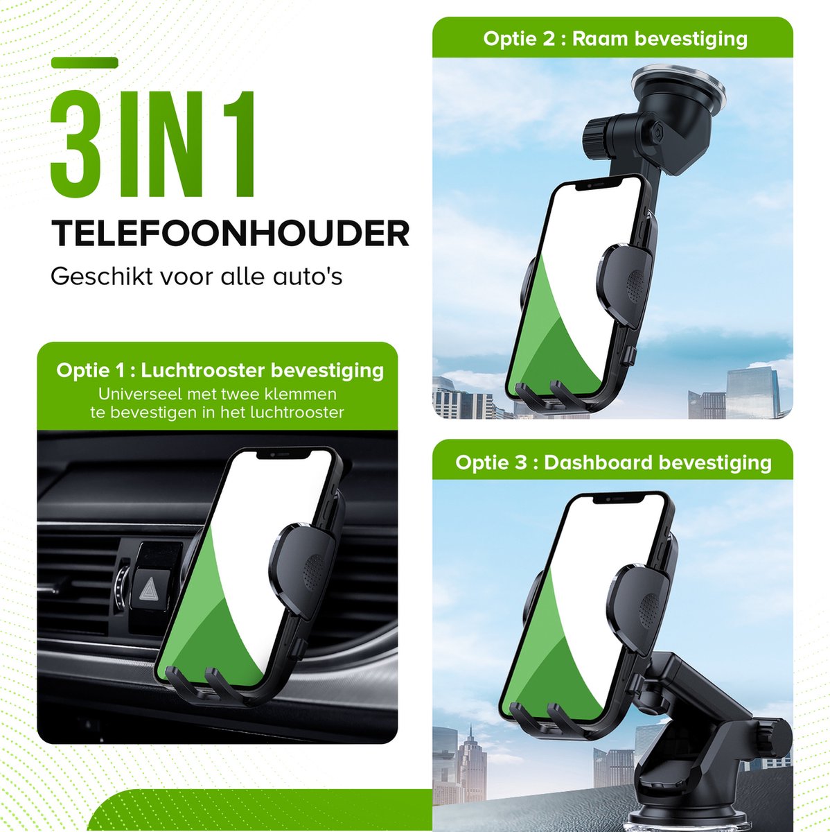 iSetchi Telefoonhouder Auto met Extra Sterke Zuignap (3-in-1) - Autohouder Voor Raam, Dashboard & Ventilatie Luchtrooster - GSM Mobiel Houder – foto 2