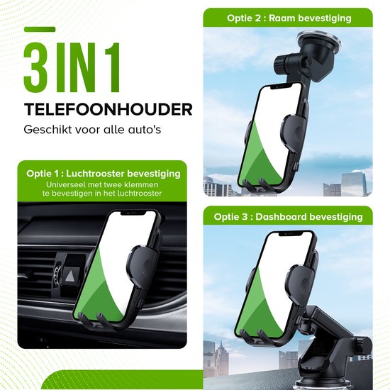 iSetchi Support Téléphone Voiture 3-en-1 - Ventouse Extra Robuste & 2 Pinces Grille d'Air - Support Voiture - Convient également aux Grilles Rondes - Universel - Pour iPhone, Samsung & Android