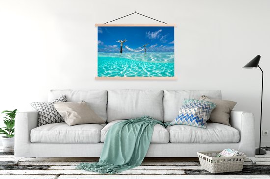 eau bleu clair avec un hamac près de l'affiche école de l'Océan Indien lattes plates vierges 120x80 cm - Tirage photo sur poster textielposter (décoration murale salon / chambre) / Mer et plage