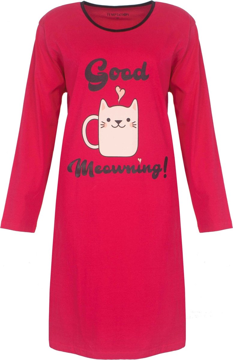 Temptation Dames Nachthemd - Bigshirt - Good Meowning! Print - Rood - Maat L