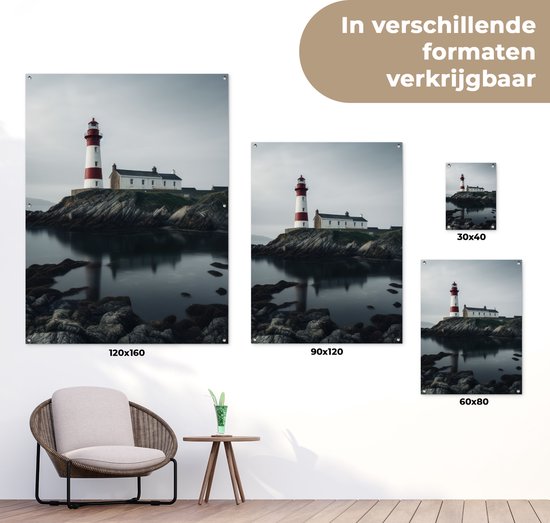 Tuin decoratie Vuurtoren - Zee - Rotsen - Scandinavië - Maritiem - 30x40 cm - Tuindoek - Buitenposter