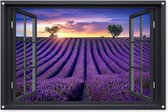 Tuinposter Doorkijk - Lavendel - Zonsondergang - Raam - Bomen - 120x80 cm - Tuindoek - Buitenposter